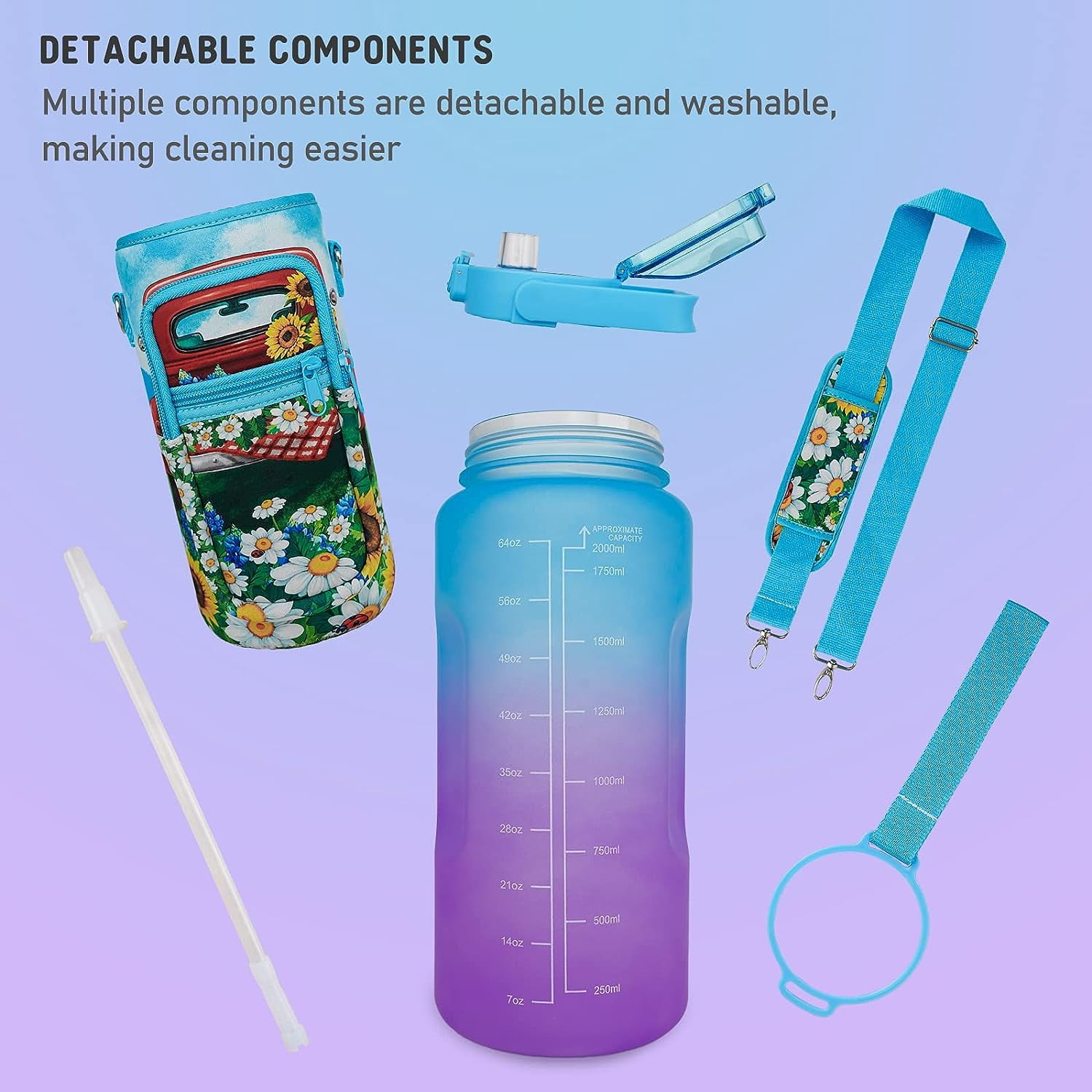 64 oz Cute Water Bottle with Sleeve BPA Free Half Gallon Water Jug with Straw and Time Marker, Motivational Gym Workout Pregnancy Water Bottles Gifts for Women