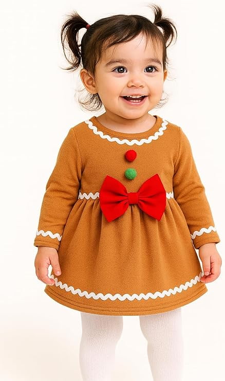 stylesilove Baby Toddler Girl Gingerbread Fleece Long Sleeve Holiday Dress with Red Bow Pom Pom Details Brown Christmas Outfit (12 Months)