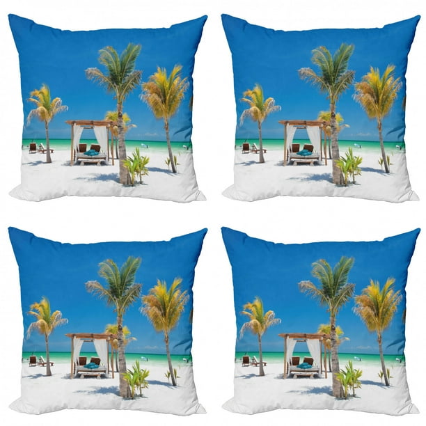Tropical Throw Pillow Cushion Case Pack of 4, Beach Beds Among Palm