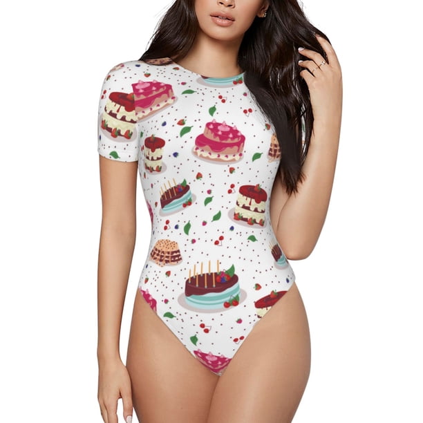 Fotbe Birthday Cake Body de Mujer con Cuello Redondo y Mangas Cortas, Sin Mangas Ajustado, Suave, Cómodo y Básico-Medium