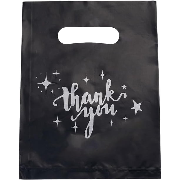 100 bolsas de plástico negras de 8 x 6 pulgadas para agradecimientos, bolsas rectangulares con asas para regalos de fiesta, bolsas de regalo con palabras