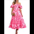 thumbnail image 2 of Vestido Midi Informal de Verano para Mujer, de Corta, Abullonado, con Cuello Cuadrado y Volantes Escalonados Flores Rosas M, 2 of 7