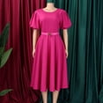 thumbnail image 3 of AURA Womens High Waist A Line Midi Dress Puff Sleeve Round Neck Solid Color Belted Elegant Summer Dress with Zipper, 3 of 10