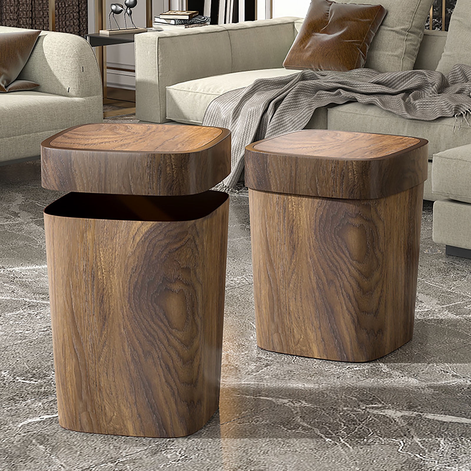 Wood Grain Can Swing Top Lid,3.4 Gal Farmhouse Wastebasket Bin Retro Style with Inner Bucket,Bathroom Can Hidden Bag for Room ,Square Brown Garbage Can