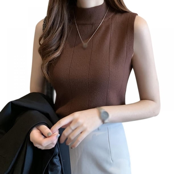 Camiseta corta sin mangas de punto ajustada con cuello alto y media tortuga de color liso para mujer