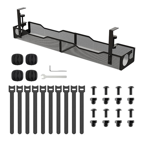 Qaltgc Under Desk Cable Management Tray No Drill with Clamp for Wire Management, Cord Organization Box for Office, Home - No Damage to Desk (Black)