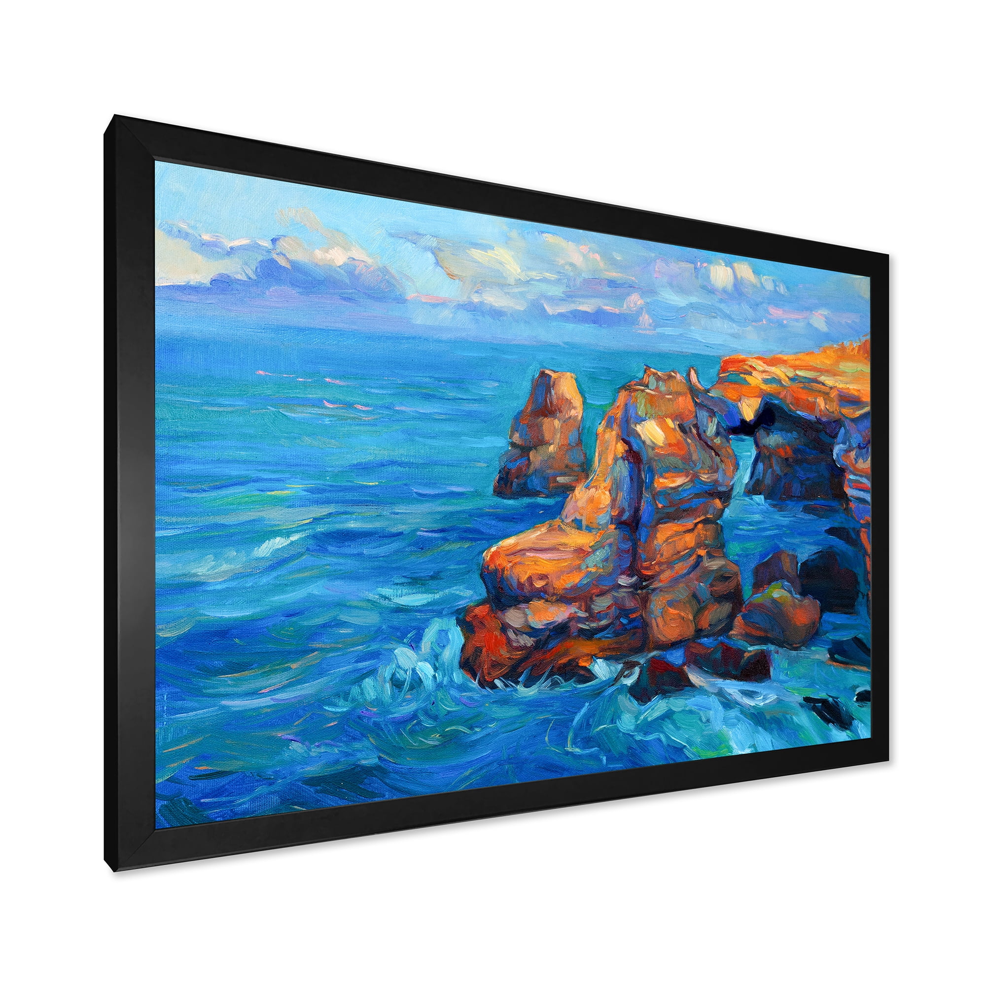 Designart 'The Blue Ocean By Rocky Cliffs' Nautical & Coastal Framed Art Print