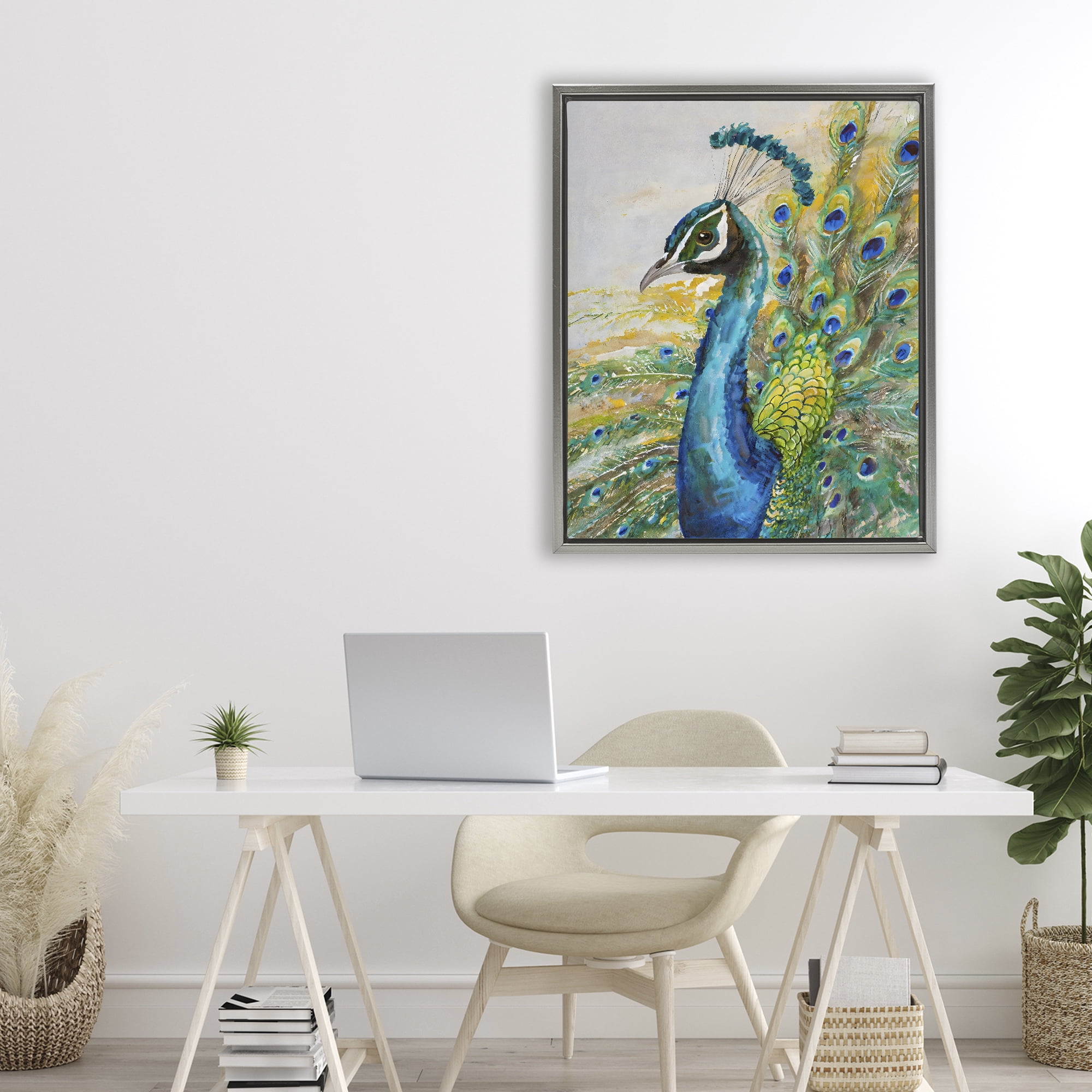Stupell Industries Regal Blue Peacock Feathers Gray Framed Floater Canvas Wall Art, design by Creative Studio