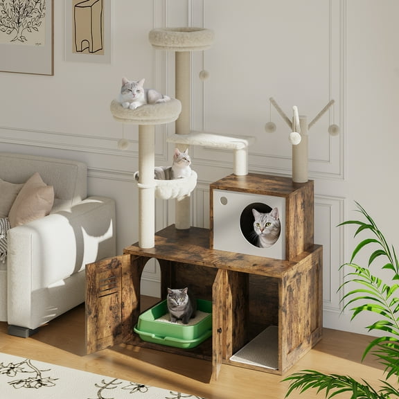 2-in-1 Modern Cat Tower, 55'' Cat Tree with Litter Box Enclosure, All-in-One Wooden Cat Tower with Scratching Posts & Detachable Teaser Sticks, Cat Furniture Cat Condo with Hammock