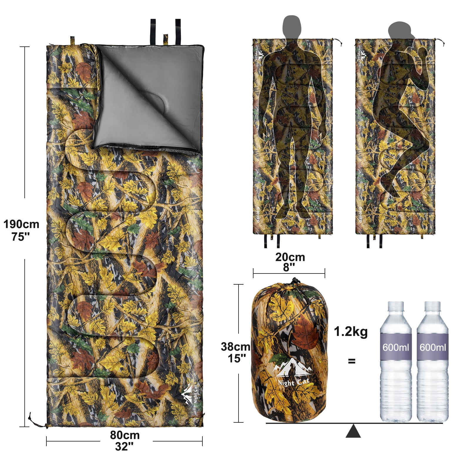 Night Cat Camping Sleeping Bag for Adults 3 Seasons Portable Lightweight Hiking Camo
