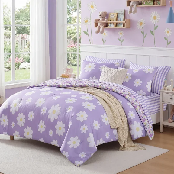 Catami Purple Daisy 7-piece Bed in a Bag Comforter Set with Sheets,Reversible with Cute Floral,Full