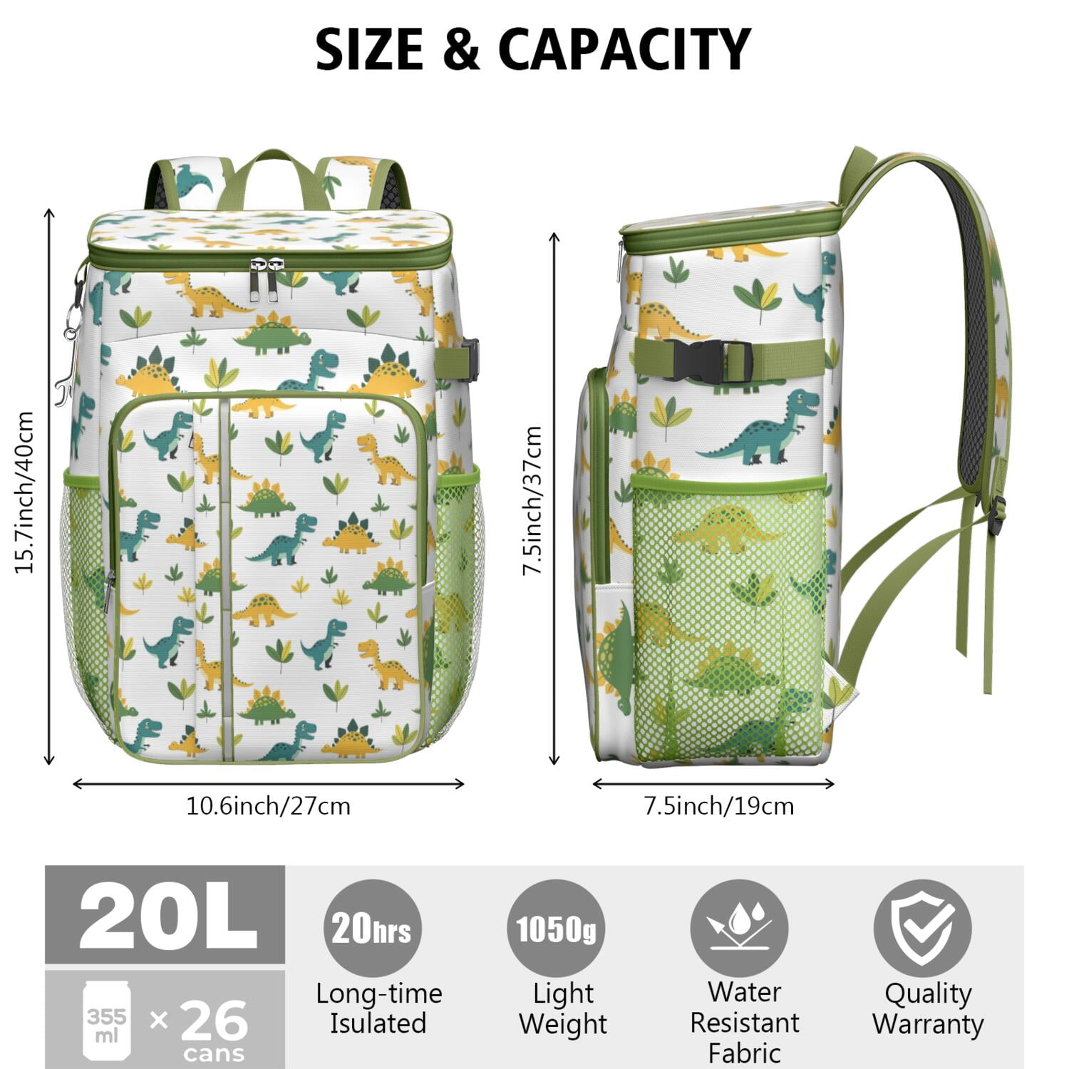 Travel Cooler Bag - White Dinosaurs Leaves Pattern Camping Beer Cooler Backpack with Bottle Opener- Waterproof Insulated Picnic Backpacks - Cooler Bag for Beach