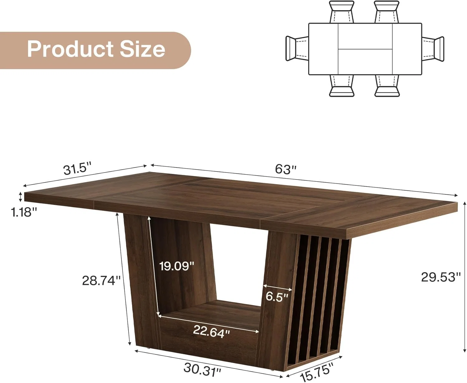 Hommoo 63 Inch Farmhouse Dining Table for 4-6 People, Solid MDF Rectangular Kitchen Table with Stylish Trapezoidal Base, Dark Brown
