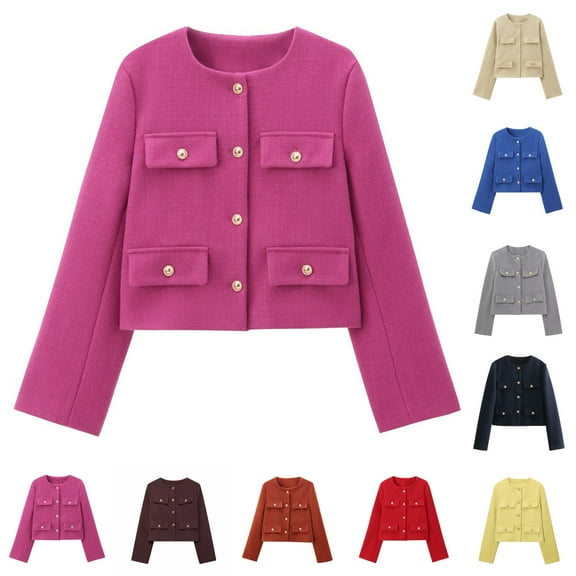 Miluxas Women's Work office Blazer Button up Round Neck Pure Color Long Sleeve Jacket Suit Blazer Yellow S(S)