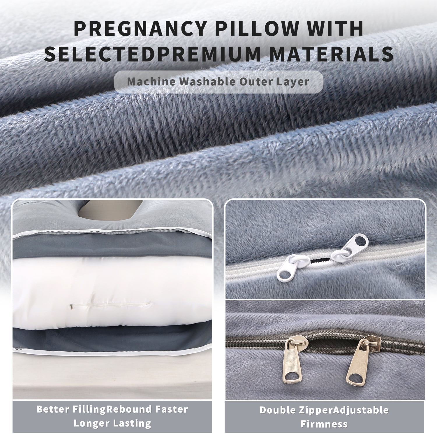 Babyomi J Shaped Maternity Pillow - Full Body Support for Pregnancy, Back & Hip Pain Relief, 3-in-1 Nursing Pillow, Machine Washable Cover, Grey