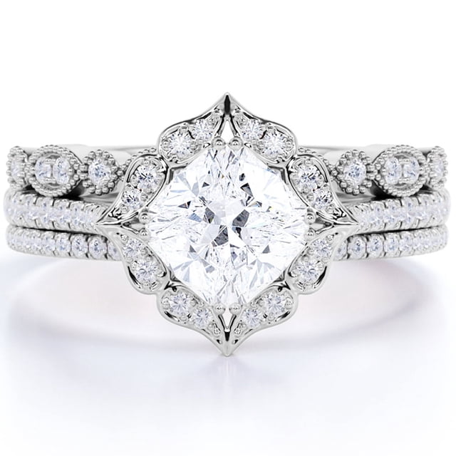 JeenMata Anillo Nupcial de Moissanita de Talla Cojín de 1,75 Quilates Engastado en Oro Blanco de 18 K sobre Plata