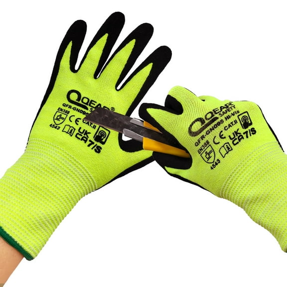 QEAR 2 Prs Pack Hi Visibility Yellow Cut Resistance Work Safety Gloves, Nitrile Foam Palm Coated, Touch Screen, Superior Grip and Abrasion, Size Medium
