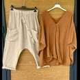 thumbnail image 2 of Elainilye Fashion Women'S Pajama Sets Solid V-neck Long Sleeve Pullover Shirt Tops And Pants Set Loungewear Set,Orange, 2 of 8