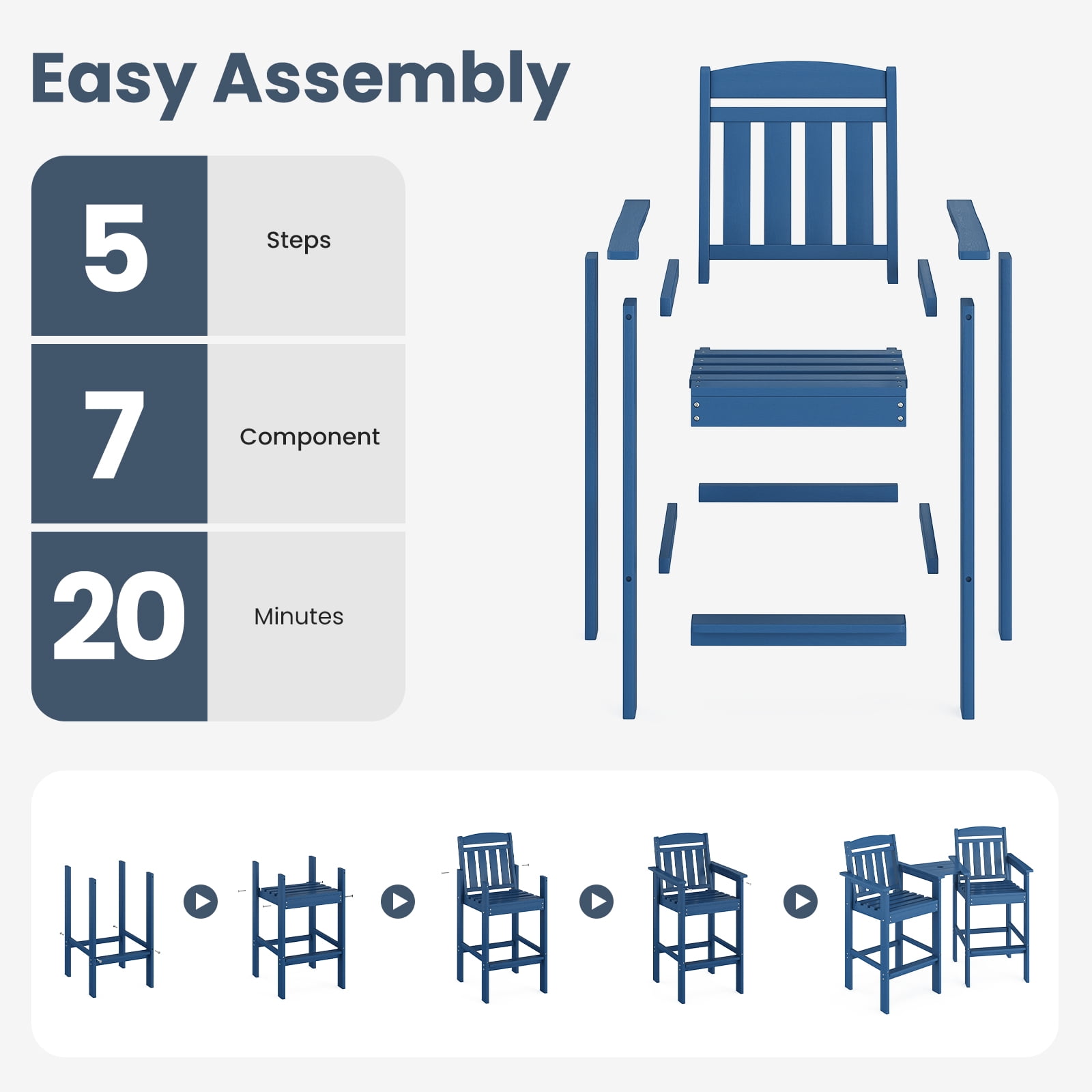Tall Adirondack Chairs Set of 2, HDPE Bar Height Patio Bar Stools w/ Connecting Tray & Umbrella Hole, All-Weather Outdoor Seating for Poolside, Balcony, Backyard