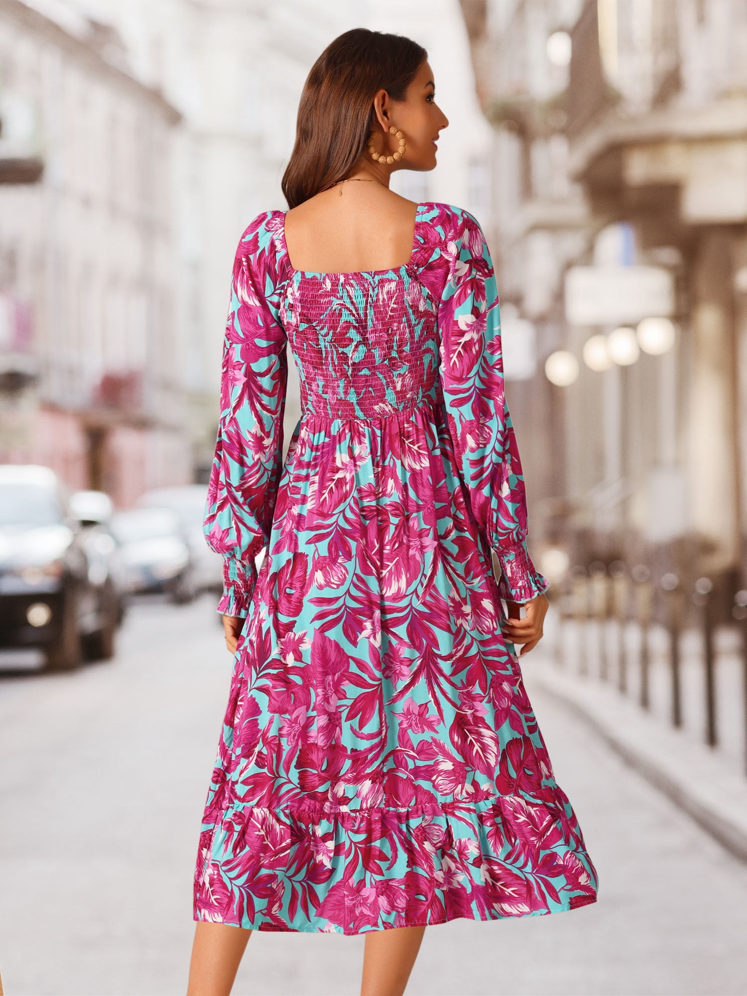 DARING DIVA Floral Square Neck Smocked Midi Dress S Hot Pink