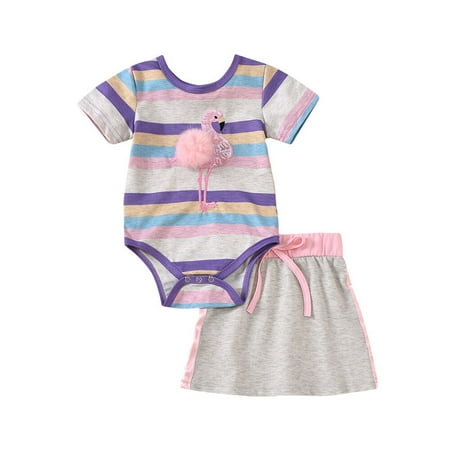 

Emmababy Baby Girl Cotton Striped Flamingo Bodysuit Tops Skirt Outfits