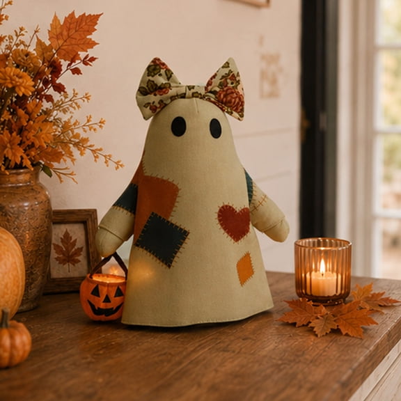 Halloween Pumpkin Ghost Decoration, 35cm Patchwork Pumpkin Ghost Tabletop Decor with Warm Light Battery Box Design, Halloween Home Decor Accent for Shelf Table Mantel and Party Display