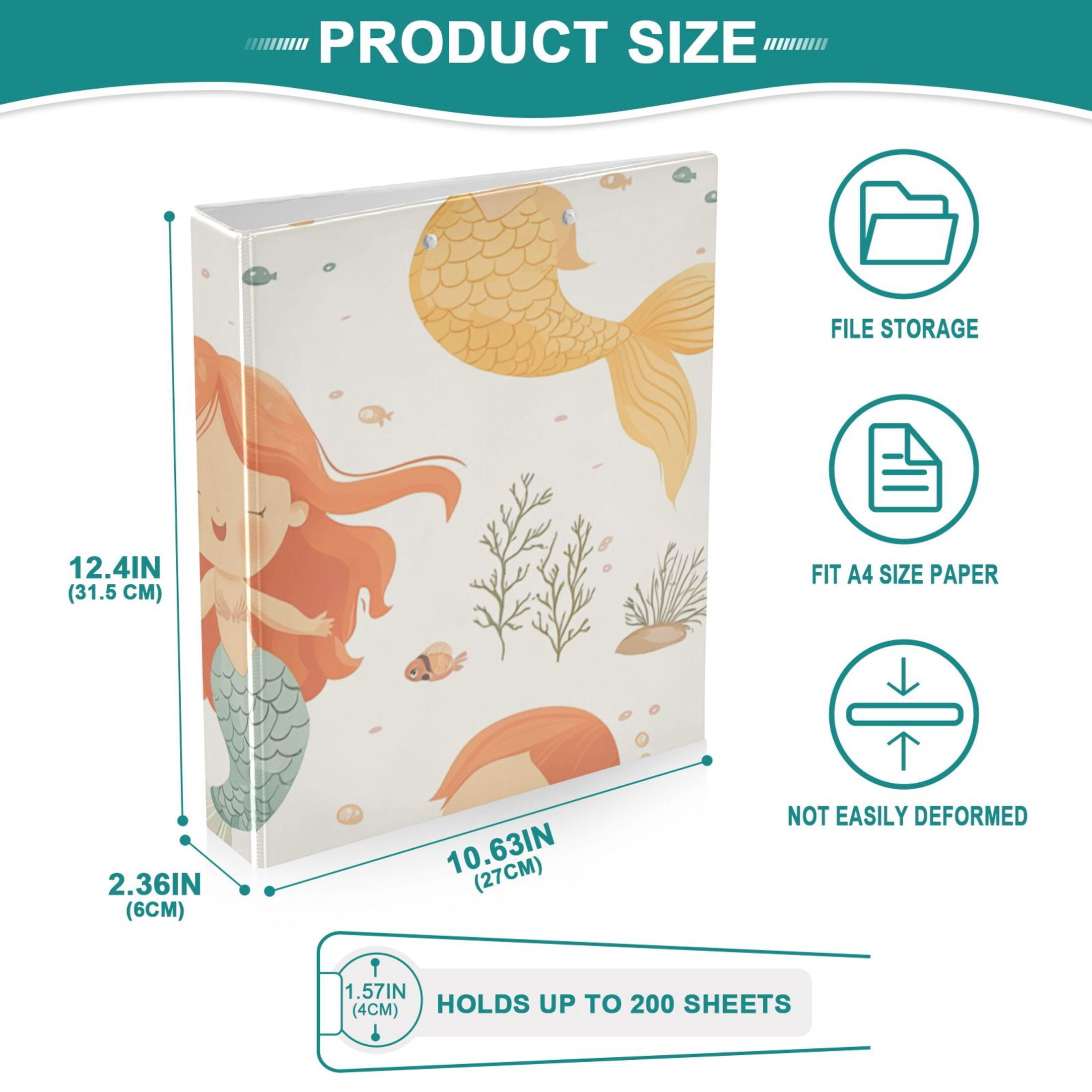 Cute Cartoon Mermaids 3 Ring Binders 1.5 inch Hardcover File Folders with Interior Pockets A4 Size Organizer for School Office Hospital