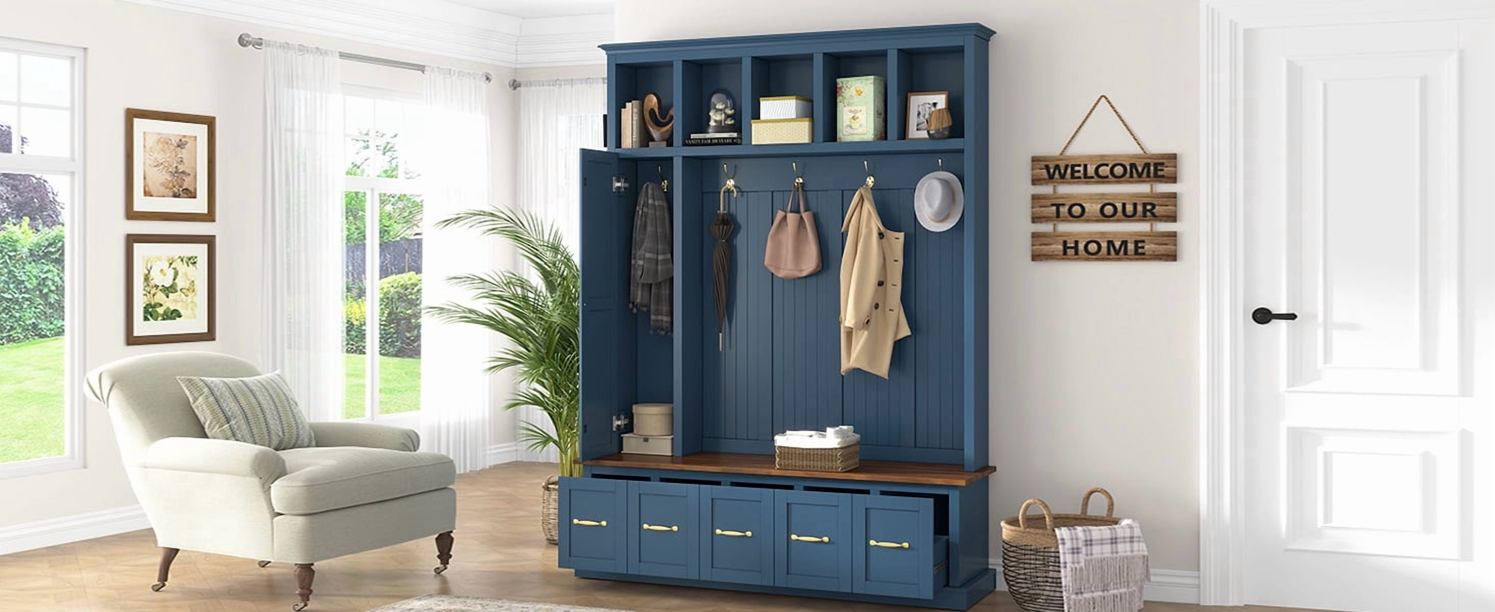 Mintazer 78.7” Tall Farmhouse Entryway Hall Tree with Coat Rack Hooks, 2 Closet, 5 Drawers & Shoe Storage Bench for Living Room, Bedroom, Hallway, Navy Blue