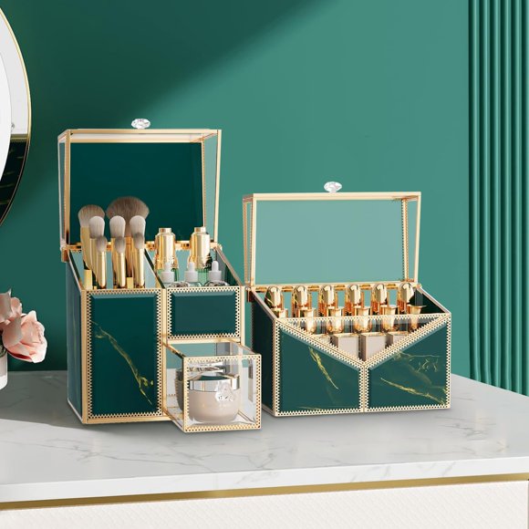 CoralHouse Juego de organizador de maquillaje para encimera, soporte para tocador con organizador de lápiz labial de 18 ranuras y soporte para brochas de maquillaje cubierto, exhibición de perfumes y