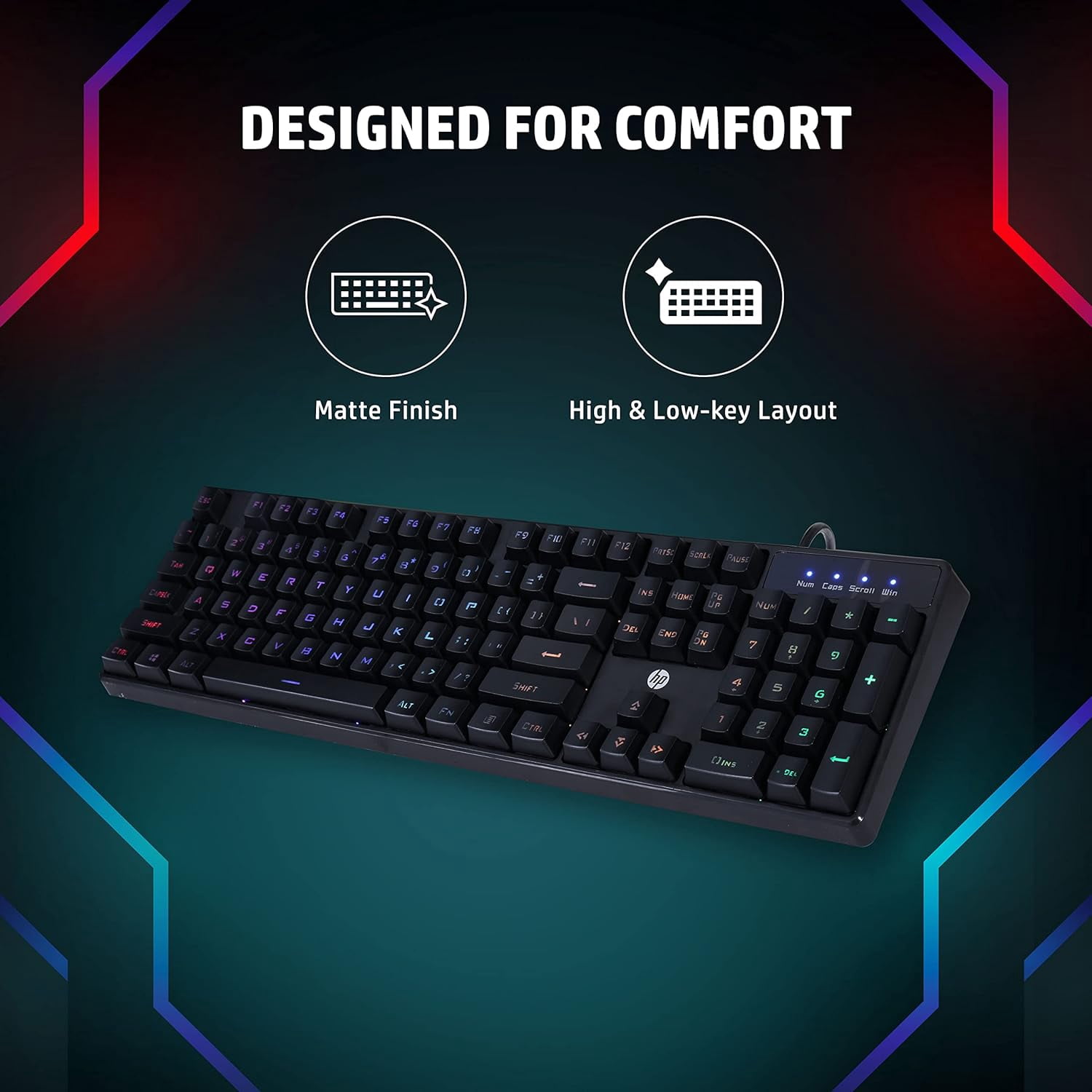 HP K300 Backlit Membrane Wired Gaming Keyboard with Mixed Color Lighting, 4 LED Indicators, Matte Finish Double Injection Key Caps and Windows Lock Key