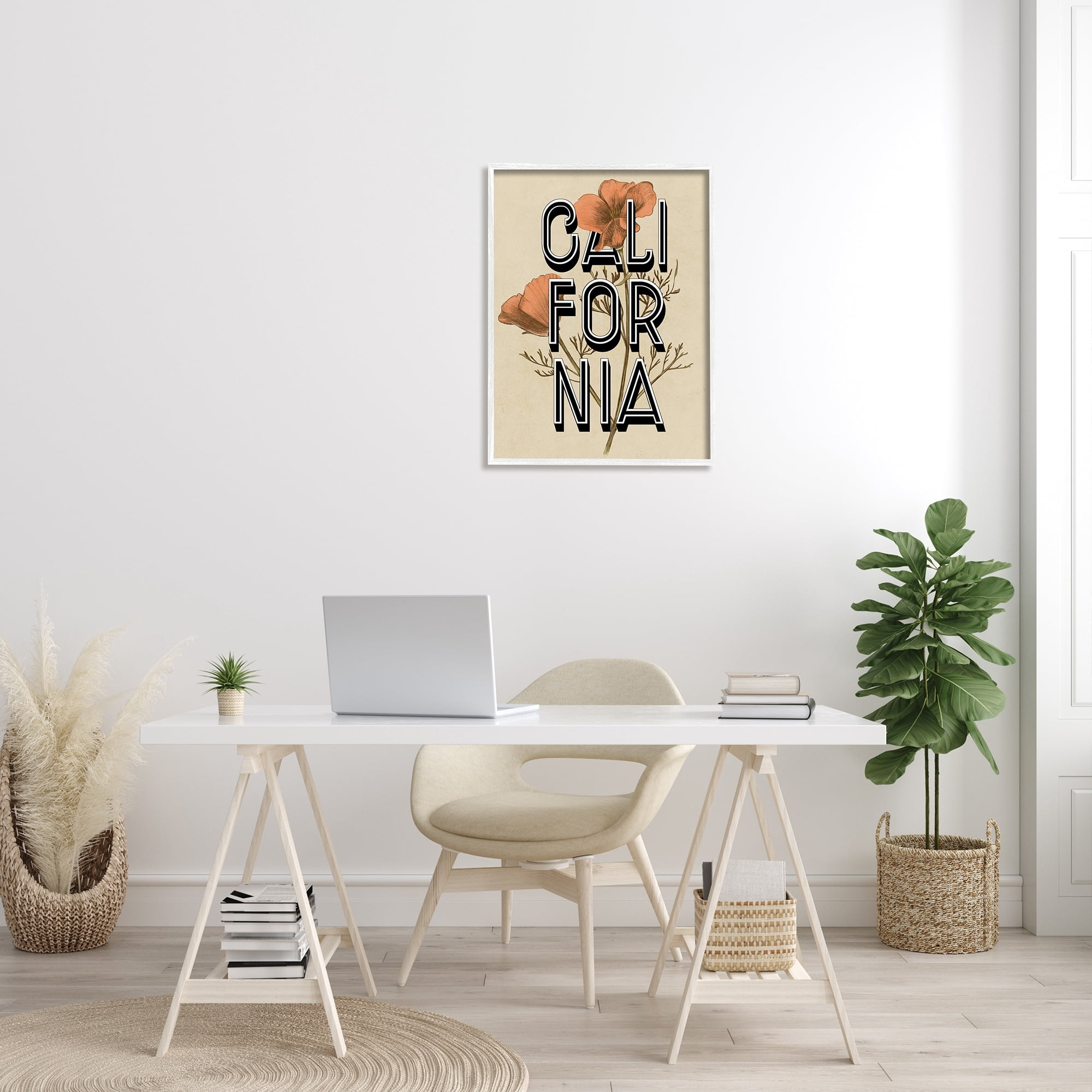 Stupell Industries California State Floral Typography Poppy Sprig Blossom Graphic Art White Framed Art Print Wall Art, Design by Daphne Polselli