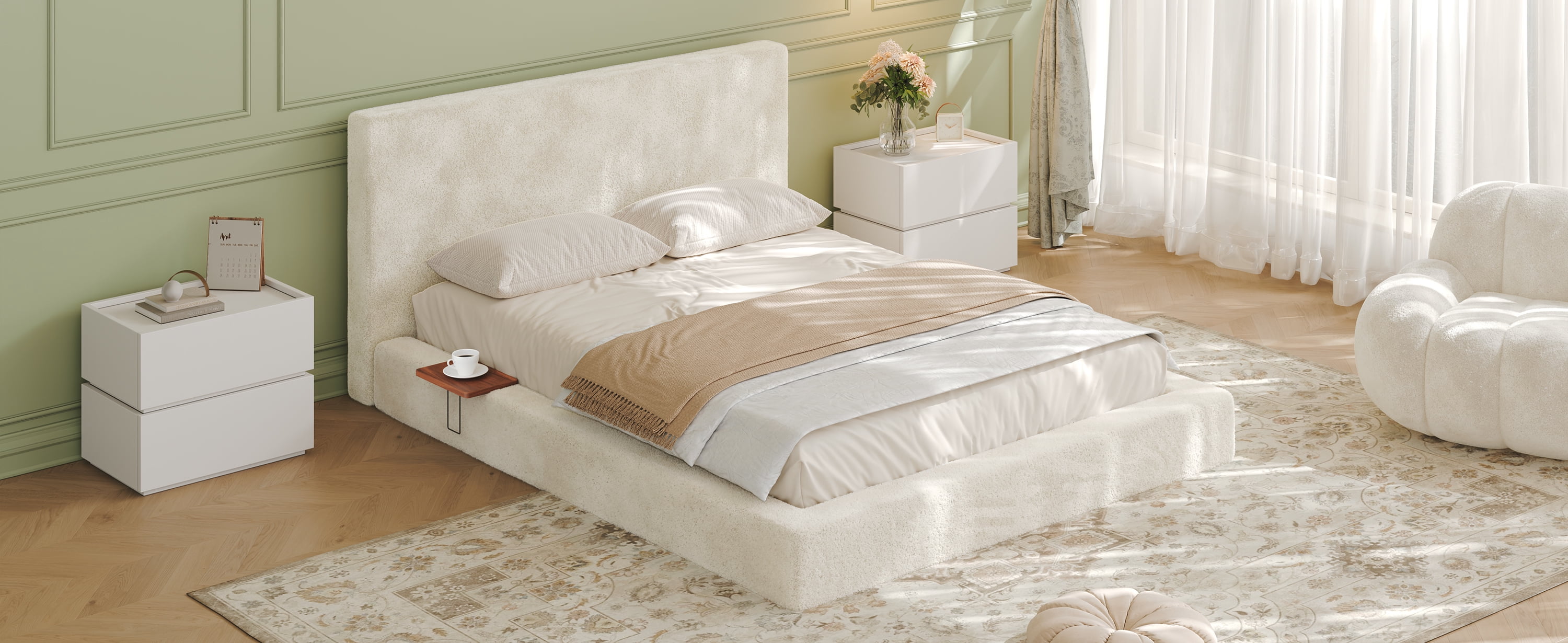 Queen Size Cloud Bed Frame with Headboard Shelves and Low-Profile Design