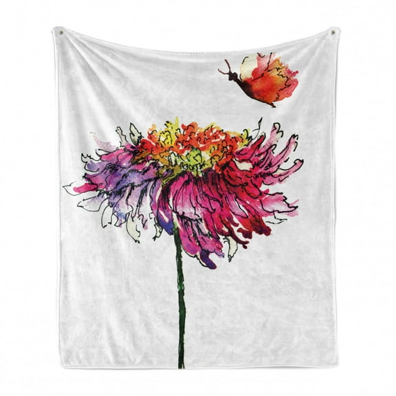 Watercolor Soft Flannel Fleece Throw Blanket, Chrysanthemum Flower Illustration Friendship Well Being Honoring Loved Ones, Cozy Plush for Indoor and Outdoor Use, 70" x 90", Multicolor, by Ambesonne