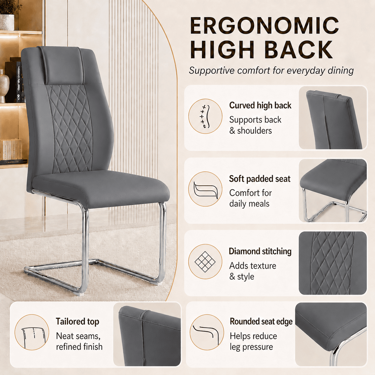 JUFU Modern Gray Dining Chairs Set of 4, Faux Leather High Back with Chrome Legs
