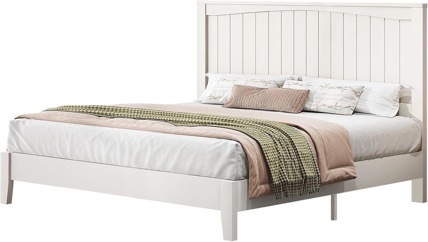 VanAcc Full Size Solid Wood Bed Frame with 48.4" Tall Headboard, Mid-Century Modern Platform Bed with Wooden Slats, Easy Assembly, White