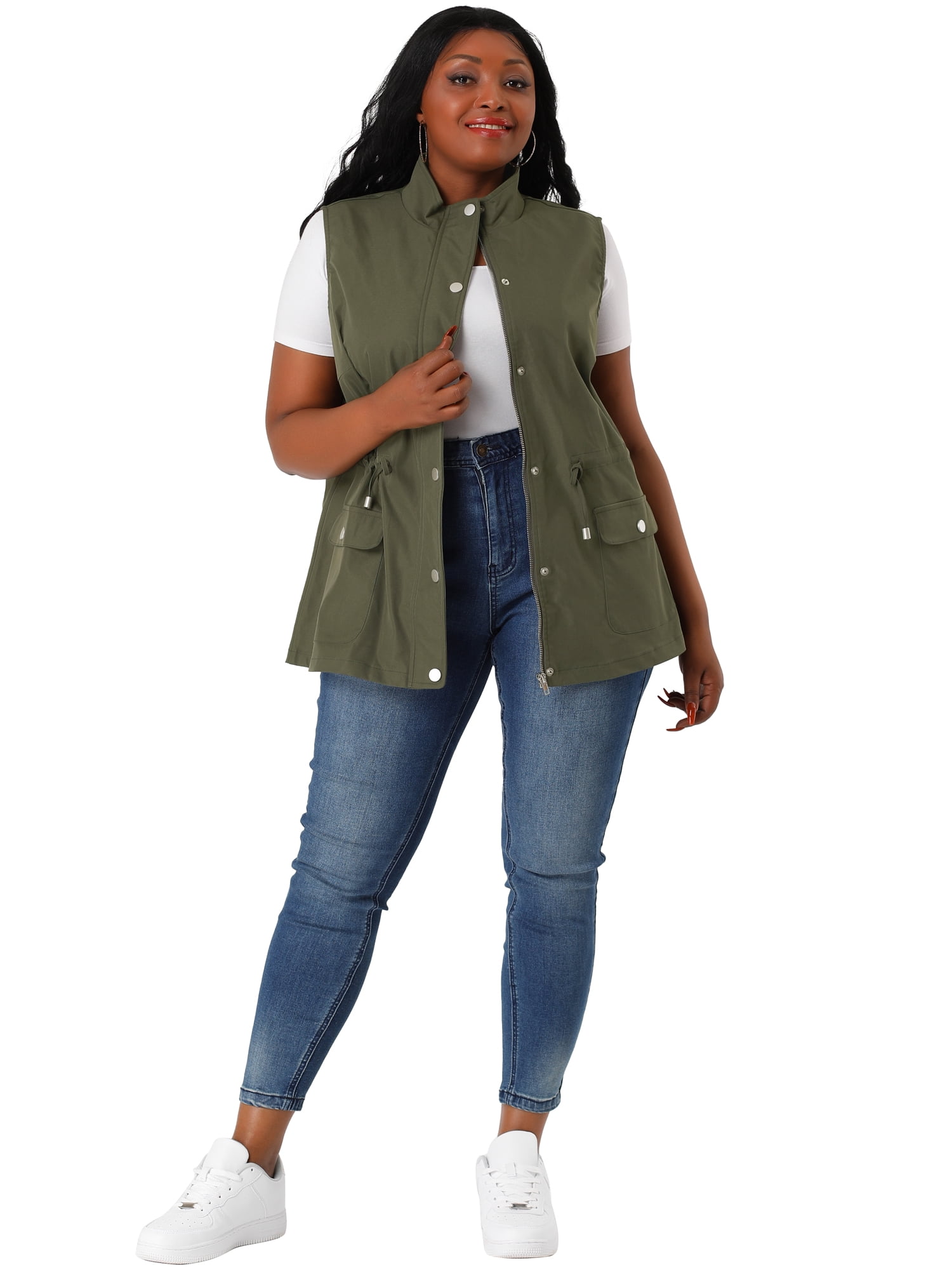 DARING DIVA Women's Plus Size Lightweight Sleeveless Anorak Cargo Vest 5X Army Green
