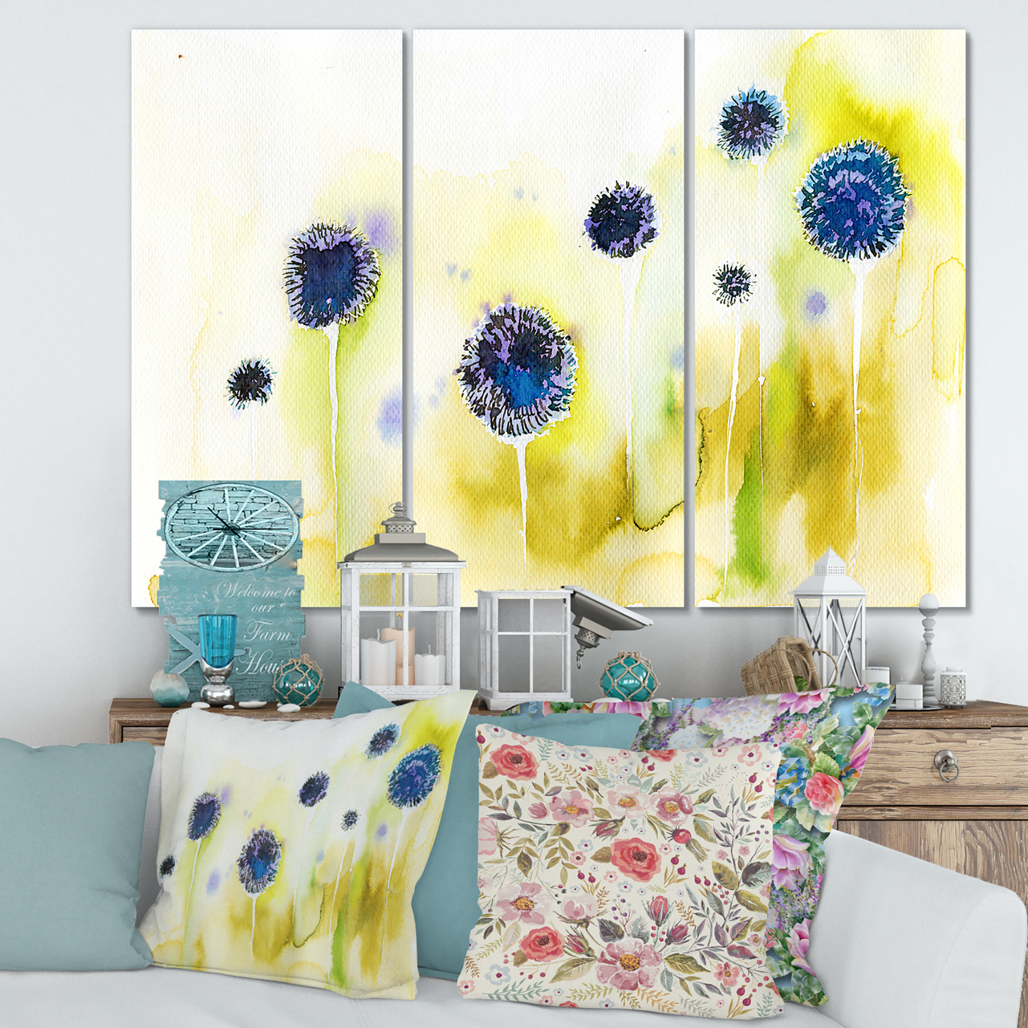 Designart ' Abstract Blue Flowers In The Meadow ' Traditional Canvas Wall Art Print