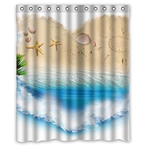 HelloDecor Love Heart Beach Island Seashell Shower Curtain Polyester
