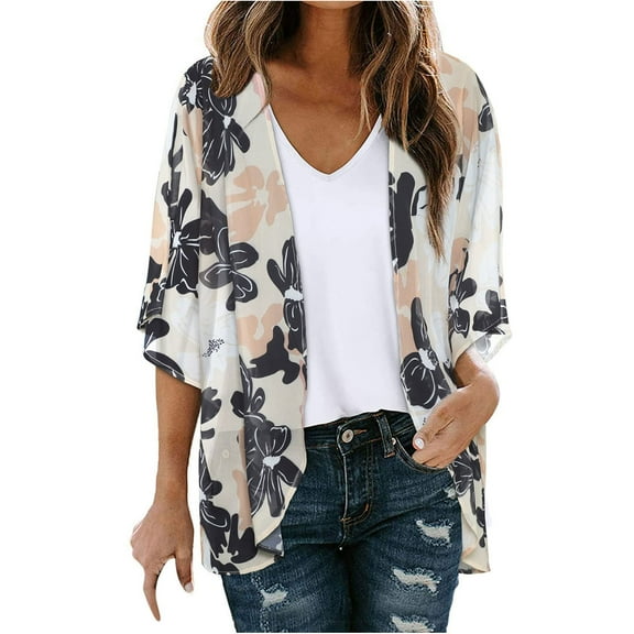 ibuvkizy Cardigan for Women Summer Floral Print Puff Sleeve Cardigan Tops Loose Cover Up Casual Blouse Jacket Coat Beige