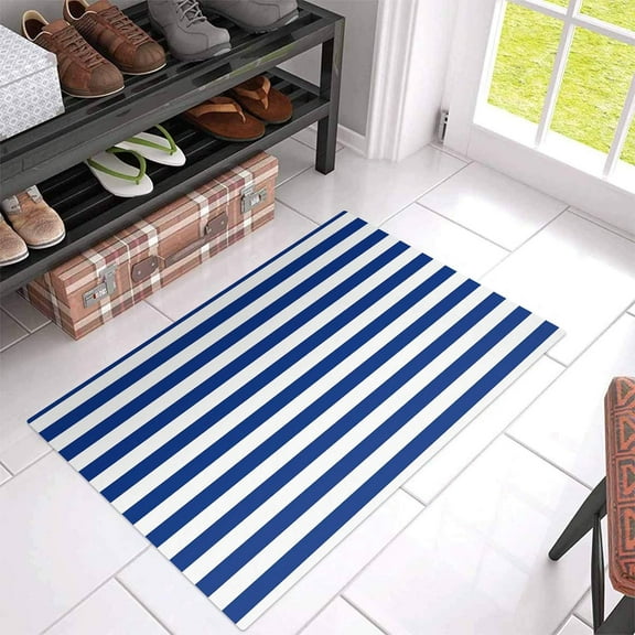 Welcome Doormat Simplistic Striped Door Mats, Non Skid Bath Rugs Indoor Doormats Entry Way Floor Carpets Rug Home Decor Navy Blue White Nautical Stripe