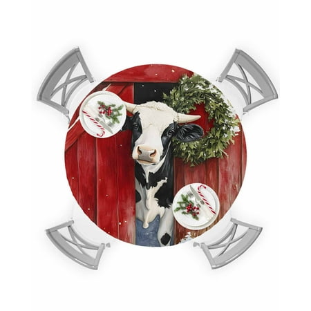 

Round Tablecloth with Elastic Christmas Farmhouse Wreath Cow Red Wood Texture Waterproof Table Cover Wipeable Fitted Table Cloths for 45 -54 Round Tables Dining Kitchen Indoor Outdoor Use
