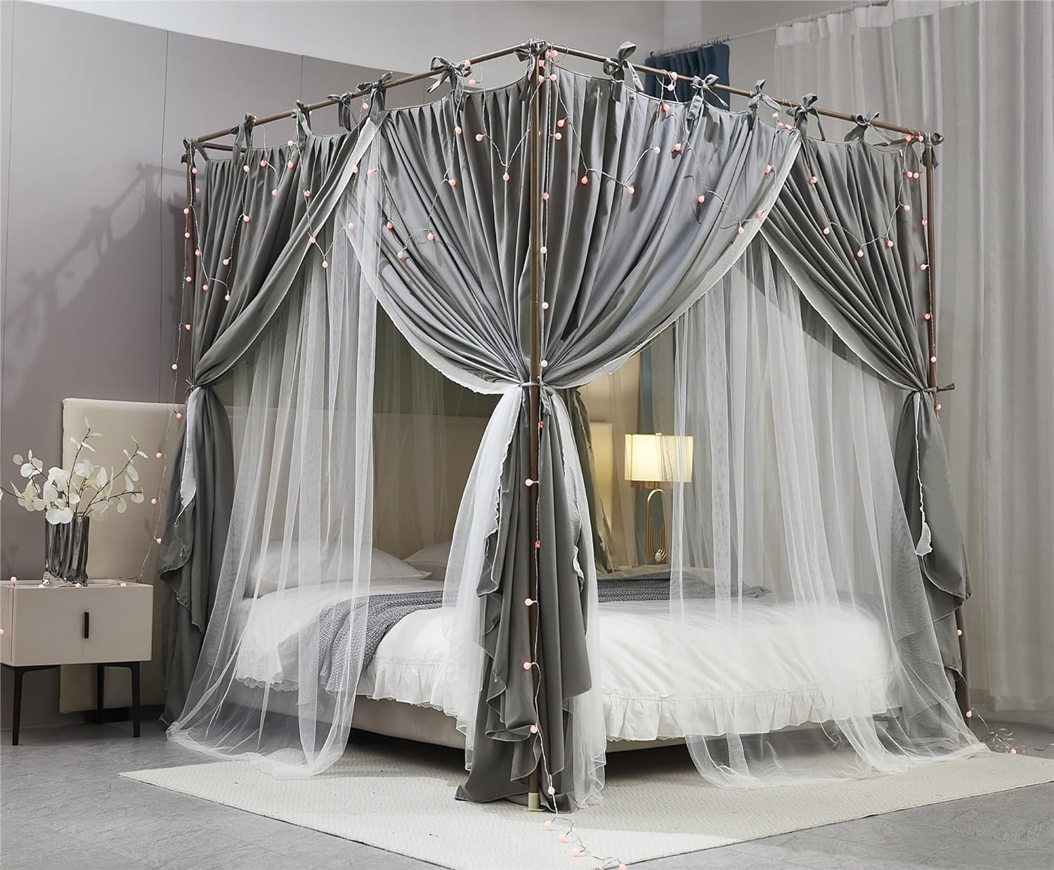 4 Corners Post Princess Curtain Bed Canopy Double Layer Cozy Mosquito Net Mesh and Cloth for Girls Adults Bedroom Decoration (Double-Grey/White, 59" W*82" L*82"*H/(Queen))