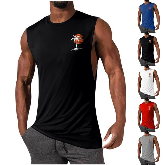 Txeol Limited Time Deal Mens Graphic Tank Tops Workout Tropical Hawaiian Palm Tree Sunset Print Sleeveless Big Tall Workout Muscle Vest Shirts,Black,M