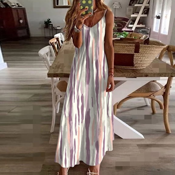 Gamivast Dresses for Women Spaghetti Strap V Neck Loose Fit Flowy Maxi Dress Geometric Striped Print Asymmetrical Hem Comfy Casual Beach Vacation Summer Dresses