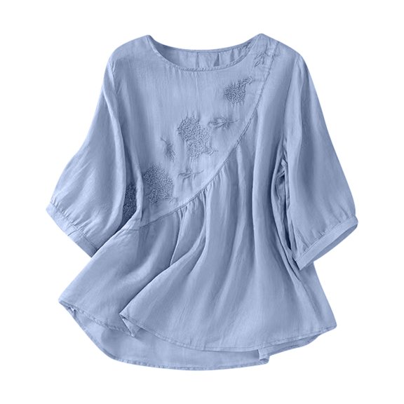 CONROSES Mothers Day Gift Womens 3/4 Sleeve Cotton Linen T-Shirts Crewneck Floral Embroidery Loose Fit Summer Tee Blouses for Lady