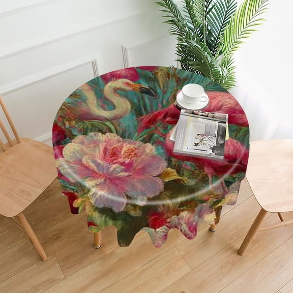 RKSupls 60 Inch Round Tablecloth, Flamingos Tropical Flowers Premium Polyester Straight Edge Wrinkle Resistant Washable Table Cover for Party Home Dining Decor