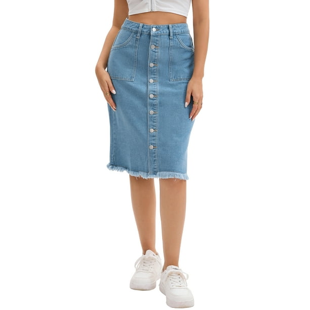 Falda de mezclilla con botones y dobladillo deshilachado H-Line para mujer INSPIRE CHIC, de longitud a la rodilla, casual, color azul claro, talla L