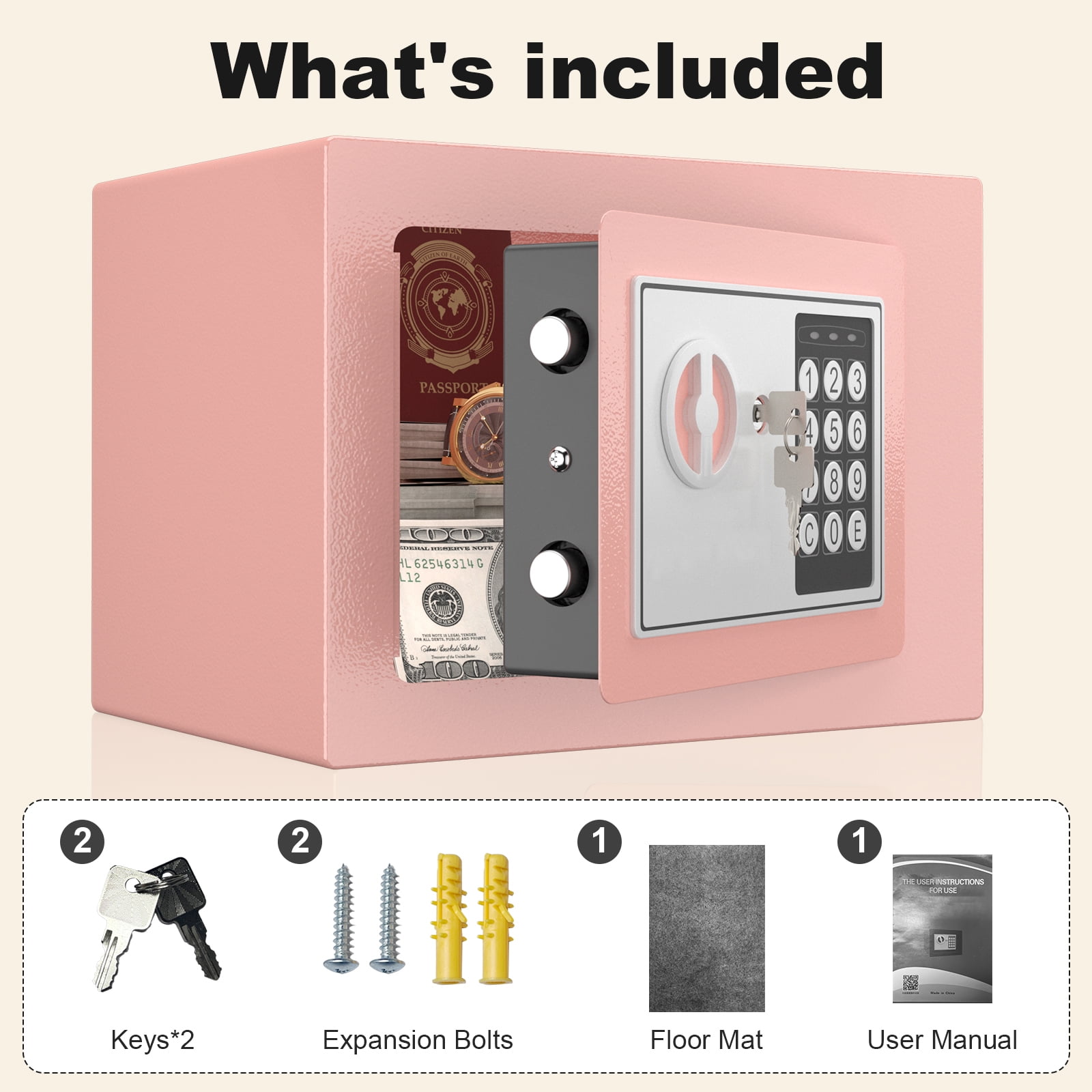 Marcree Mini Safe, 0.23 Cubic Pink Safe Box, Key Lock Box with Code, Steel Security Box with Key, Safe for Money, Jewelry, Hotel or Business, Pink Lock Boxes for Personal Items, Electronic Lock