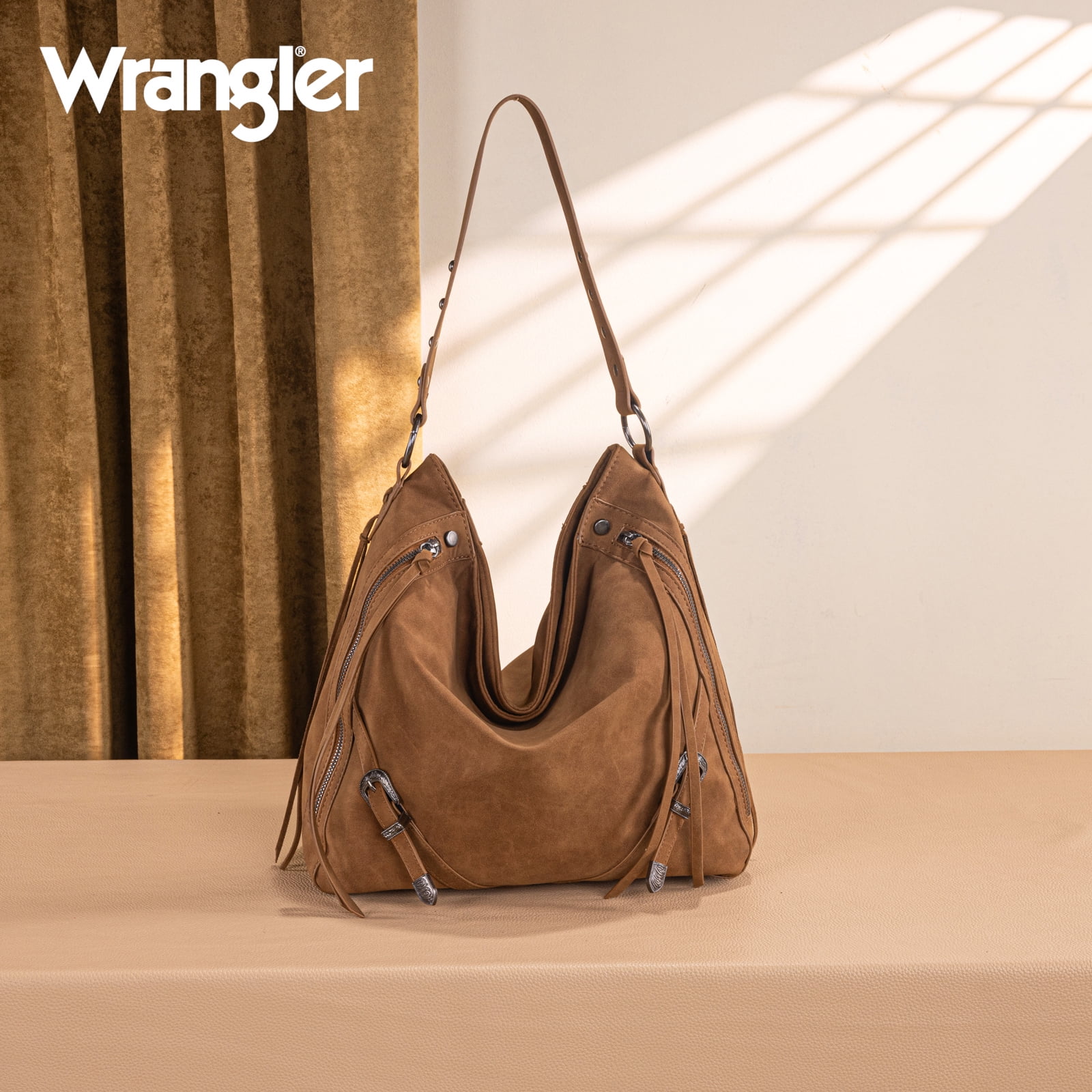 Wrangler Large Hobo Purses and Handbags for Women with Buckle and Fringe Zipper Faux Suede Shoulder Bag, Brown