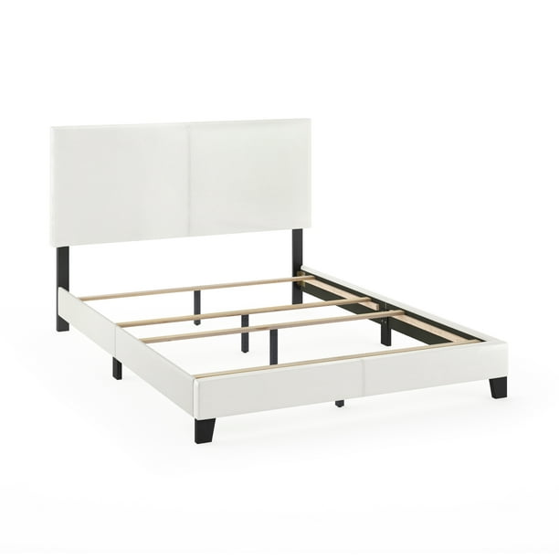 Furinno Pessac Upholstered Bed Frame, White Leather Queen Beds